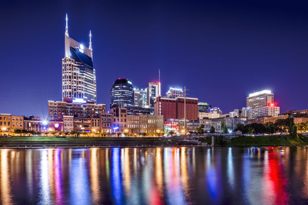 Nashville, Tennessee, USA downtown skyline on the Cumberland River.